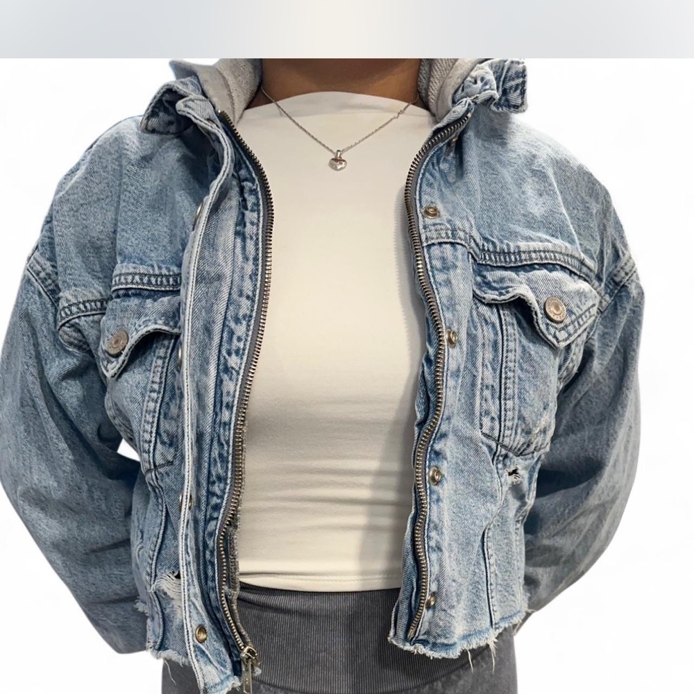 American Eagle Outfitters Light Blue Denim Jacket with Gray Hood